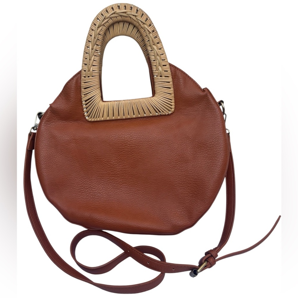 Anthropologie Round Vegan Leather Rattan Crossbody Brown Purse